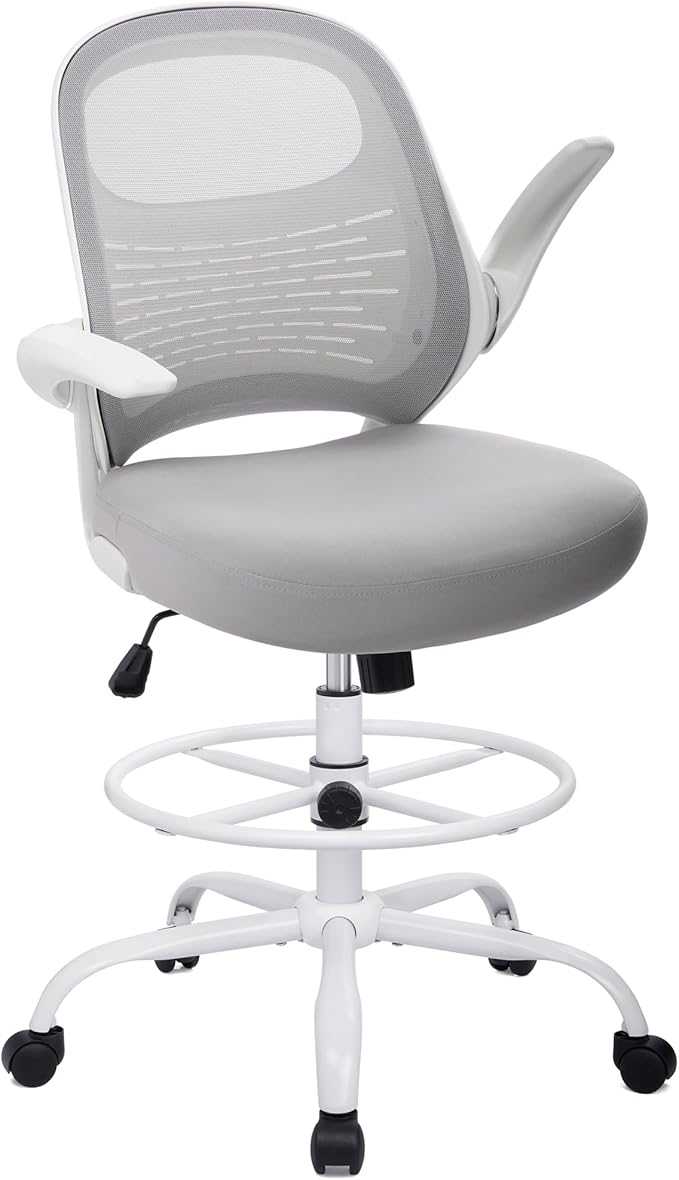 HYLONE Tall Drafting Chair Standing Desk Chair with Flip-Up Armrests, Adjustable Height Ergonomic Office Chair with Footrest Ring - High Stool Chair for Standing Desk (Light Grey)
