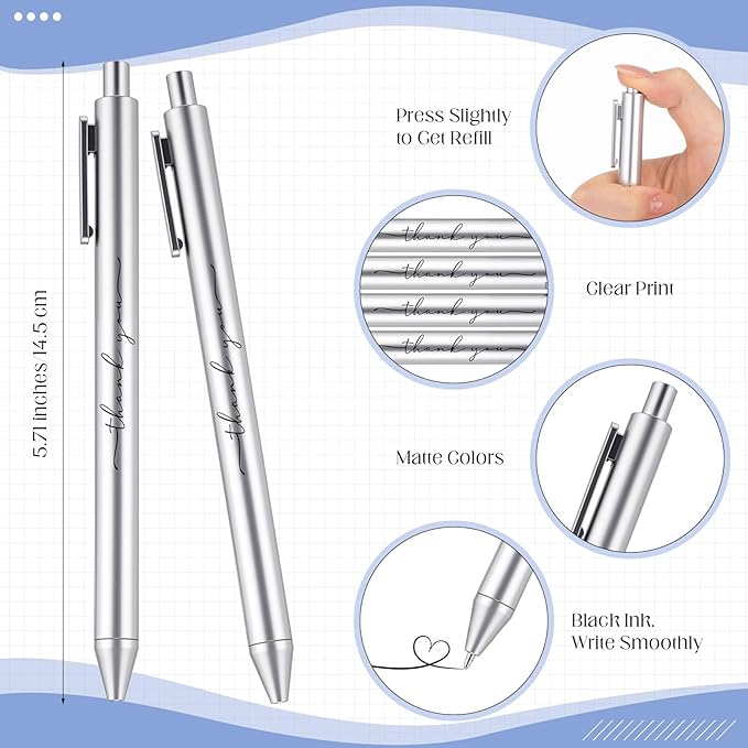 30pcs Thank You Pens Bulk Cute Multicolor Ballpoint Pen for Men Women Server Accessories Employee Holiday Appreciation Gifts for Teacher Office Back to School Party Favor (Silver)