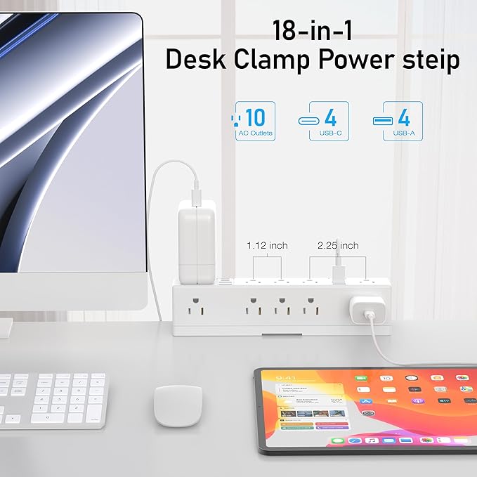 40W Fast Charging Station, VILONG Desk Clamp Power Strip, Desktop Mount Surge Protector, 8 USB Ports(4 USB-C), 10 AC Outlets and 10Ft Cord, for Home, Office, Fit 1.6" Tabletop Edge
