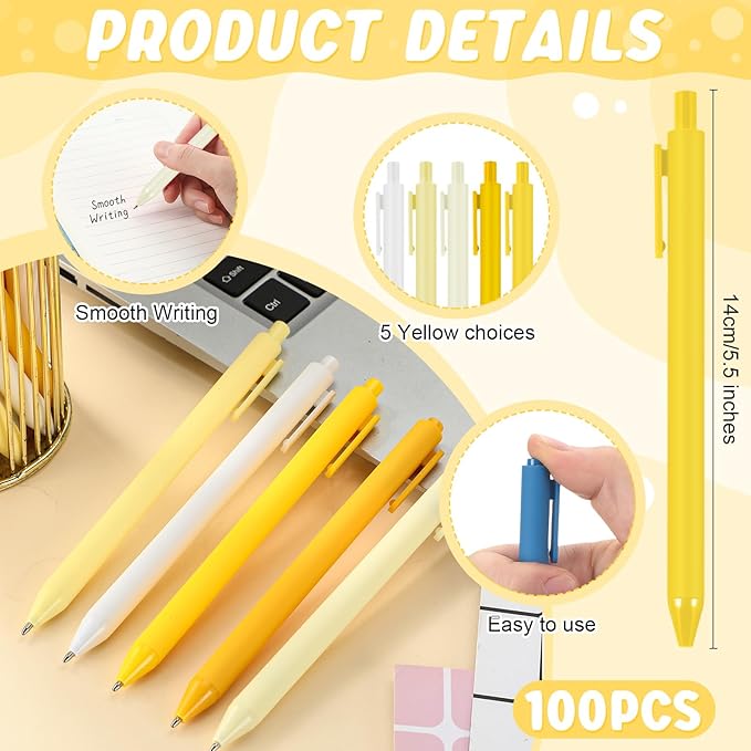 100 Pcs Ballpoint Pens Bulk Retractable Writing 1. 0 mm Black Ink Cute Pens Smooth Writing Color Fancy Gift for Teacher Student Employee Office School Home Baby Shower Supplies (Yellow Series)