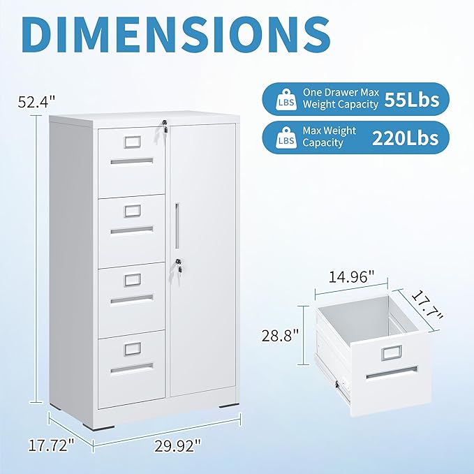4 Drawer Filing Cabinet with Lock, Metal Storage Locker Cabinets for Home Office, File Cabinet for Hanging File Folders Letter/Legal/A4/F4 Size Documents, Assembly Required