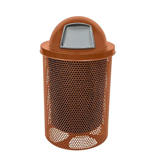 32-Gallon Heavy-Duty Punched Steel Round Trash Receptacle, Commercial Outdoor Waste Bin with Liner & Black Dome Lid – Made in America (Textured Copper)