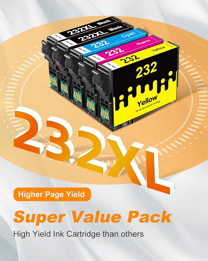 232XL Ink Cartridges Combo Pack Remanufactured Replacement for Epson 232 Ink Cartridge for Epson 232 232XL Ink Cartridges for Epson Printer Epson XP-4205 XP-4200 WF-2930 WF-2950 Printer (5 Pack
