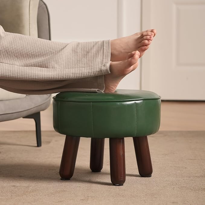 13in Small Foot Stool Ottoman, Round Faux Leather Foot Rest for Couch, Under Desk Pouf Footstool Footrest with Non-Skid Rubber Legs for Ling Room, Bedroom, 13''L x 13''W x 10.2''H, Green