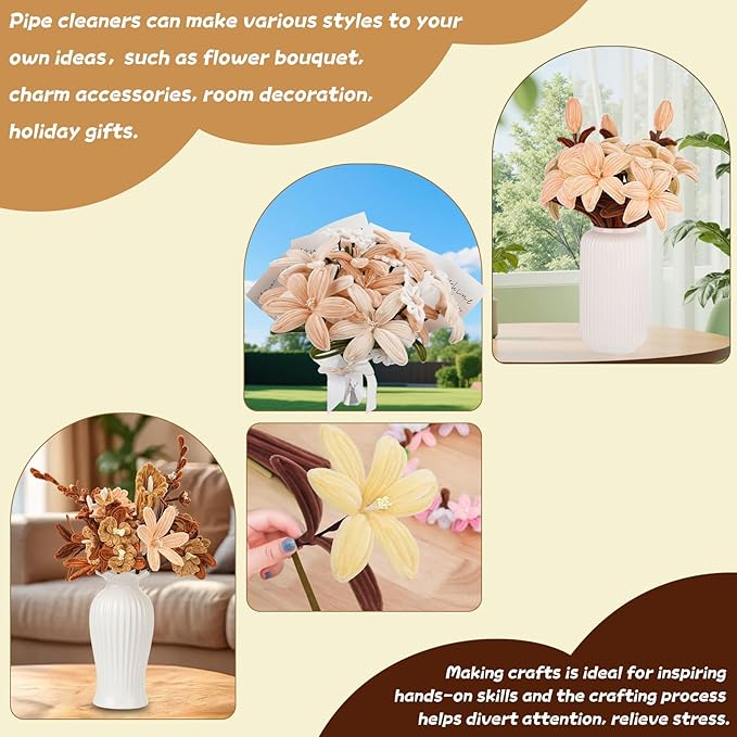 400 PCS Pipe Cleaners Bulk,5 Colors Pipe Cleaners Craft for Flowers with Floral Wires,Gardening Tape,Greeting Card,Bouquet Paper,Hot Glue Stick,Stamen & Ribbon,Ideals for DIY Holiday Deco