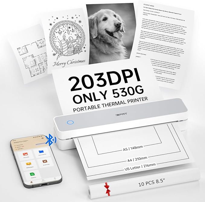 iDPRT Portable Thermal Printer,203DPI Wireless Bluetooth Small Printers for Travel,Office,Vehicles,Support 8.5" x 11" US Letter&A4 A5 Size, Compatible with Smartphone & Laptop