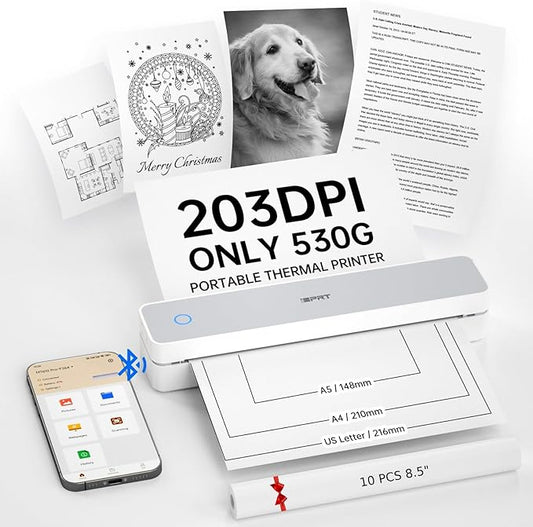 iDPRT Portable Thermal Printer,203DPI Wireless Bluetooth Small Printers for Travel,Office,Vehicles,Support 8.5" x 11" US Letter&A4 A5 Size, Compatible with Smartphone & Laptop