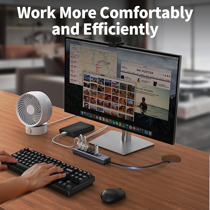 4Ft 7-Port USB 3.0 Hub for Desktop - Aluminium USB Extender Hub 5Gbps, USB Multiport Adapter, USB Splitter, USB Hub Long Cable for Desktop, PC, Flash Drive, Mobile HDD, Windows/XPS, 1.2m