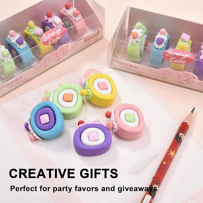 15Pcs Cute Food Shape Erasers for Kids, Fun Cake Dessert Pencil Erasers for School Classroom Supplies Birthday Party Favors