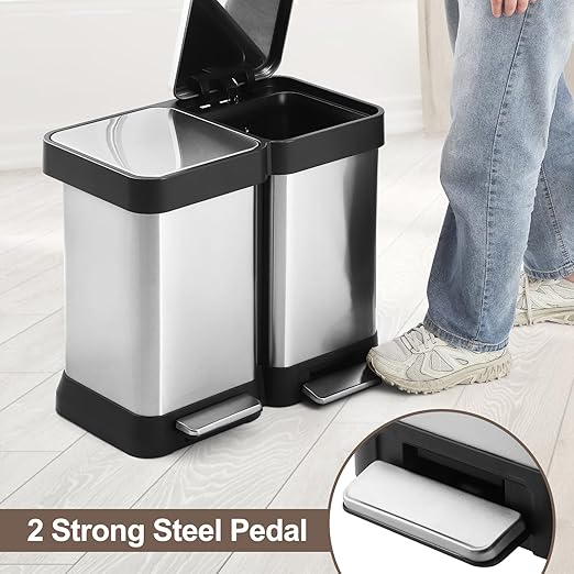 13 Gallon Dual Compartment Trash Can, 2 x 25L Fingerprint Resistant Stainless Steel Kitchen Garbage Can with 2 Soft-Close Lid & Foot Pedal for Kitchen Office Bathroom, Without Inner Bucke