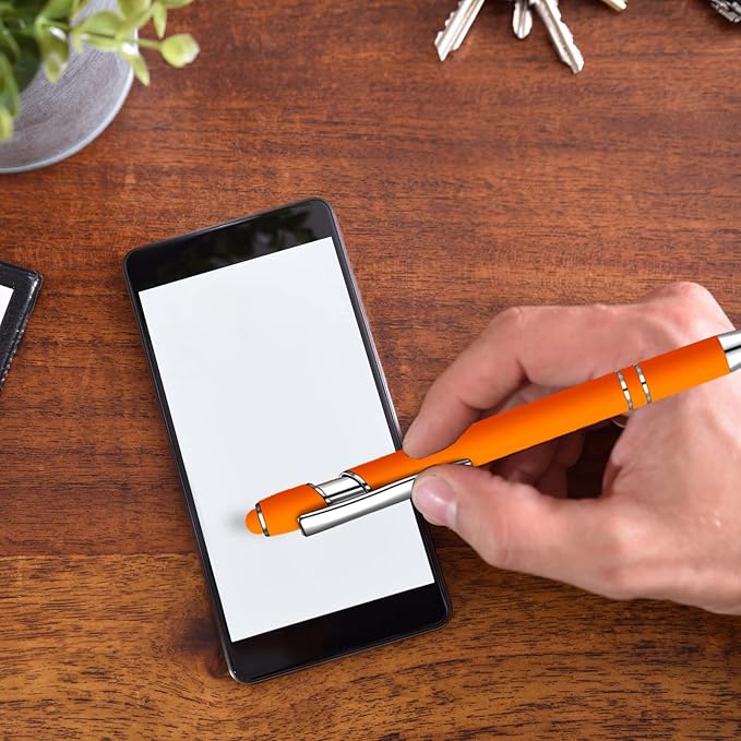 12 Pcs Blue Ink Ballpoint Pen with Stylus Tip, 1.0 mm Metal Pen Stylus Pen for Touch Screens, 2 in 1 Thank You Pen Gift for Friends, Colleagues, Coworker, Office, Family (Orange)