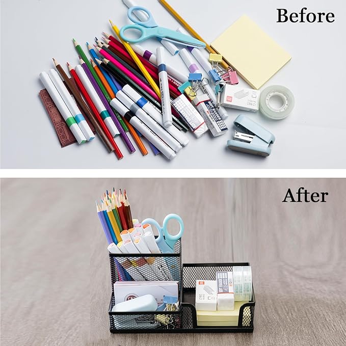 2 Pieces Pen Holder Mesh Metal Pencil Holder Desk Organizers Black for Desk Office with 3 Compartments Pencil Holders,Desktop Storage Caddy Organization,Suitable for School, Home,Black