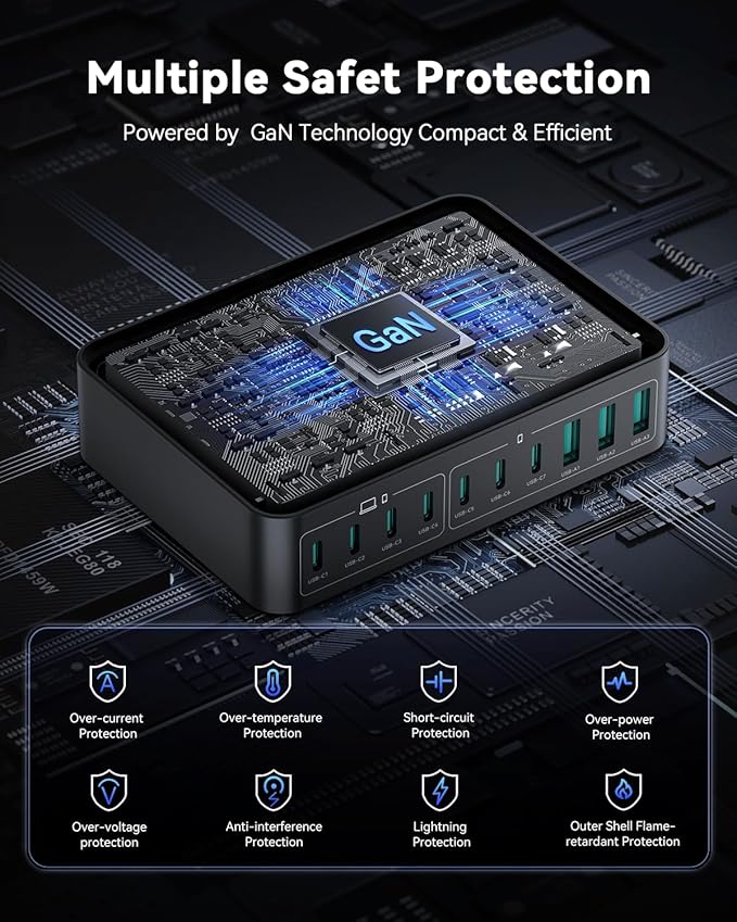 480W USB C Charger Block, Rocoren 10-Ports USB C Charging Station for Multiple Devices,PD 100W Type c Gan Fast Charger Station Multi USBC Charging Hub for Laptop MacBook HP iPad iPhone Samsung