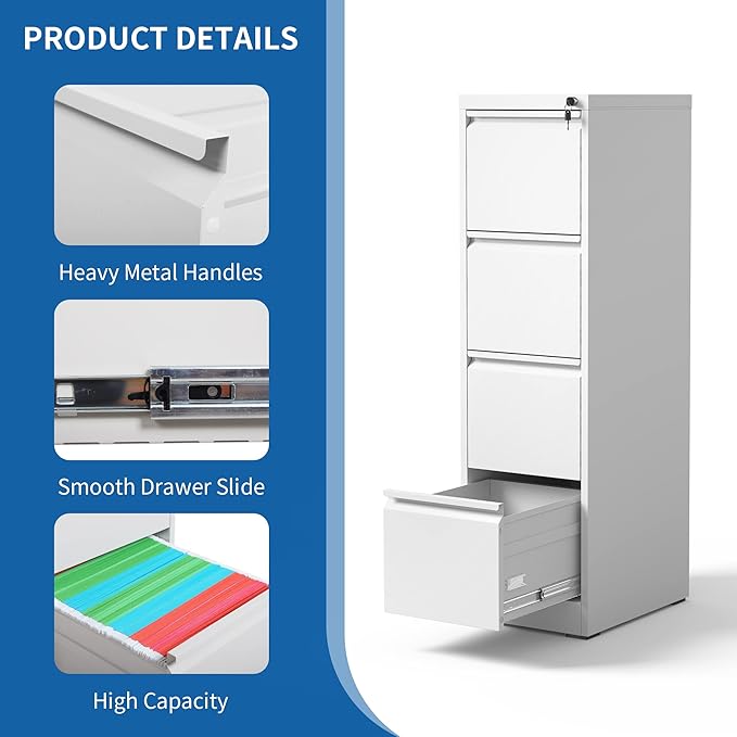4 Drawer File Cabinet with Lock, Vertical Filing Cabinets for Home Office, Locking File Cabinet Hanging Files for A4/ Legal/Letter, Require Assembly, White
