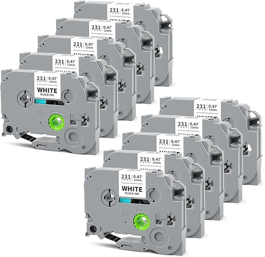 10-Pack Tze Tz Label Tape 12mm 0.47" Black on White Compatible for Brother 12mm Label Tape P Touch 12mm 0.47" White Label Maker Tape for PT-D220 PT-D210 PT-D200 PT-2430 PT-1890 PT-D610BT