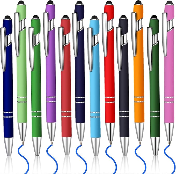 12 Pcs Blue Ink Ballpoint Pen with Stylus Tip, 1.0 mm Metal Pen Stylus Pen for Touch Screens, 2 in 1 Thank You Pen Gift for Friends, Colleagues, Coworker, Office, Family(Rainbow)