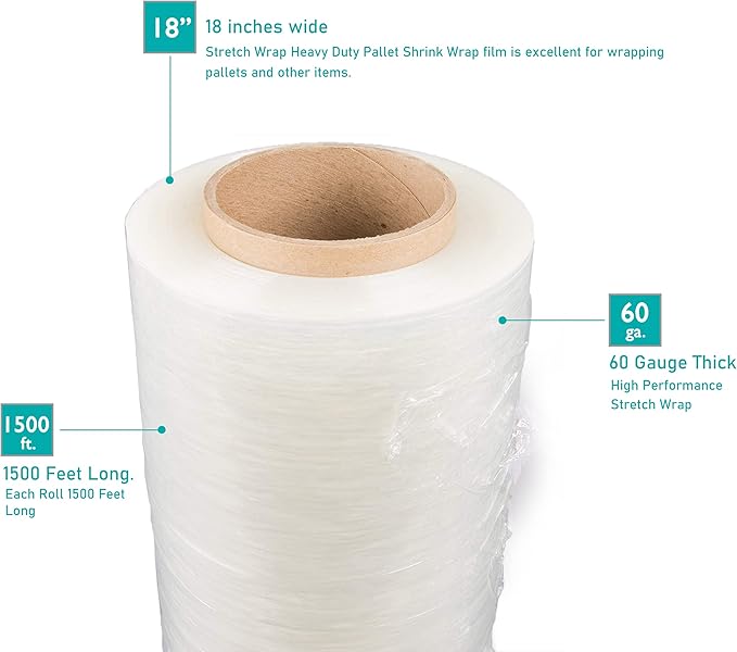 256 Rolls 18" x 1500 Ft Stretch Wrap Heavy Duty, Industrial Strength Shrink Wrap, 55 Gauge High Performance Stretch Film Replaces 80 Gauge Low Films, Clear Hand Stretch Wrap