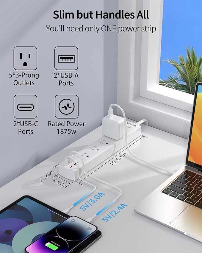 10 Ft Ultra Thin Extension Cord, 5-Outlet Power Strip Surge Protector with 4 USB Ports (2 USB C), 1875W/15A, Low Profile Flat Plug, 1700 Joules, Wall Mount for Home Office, White