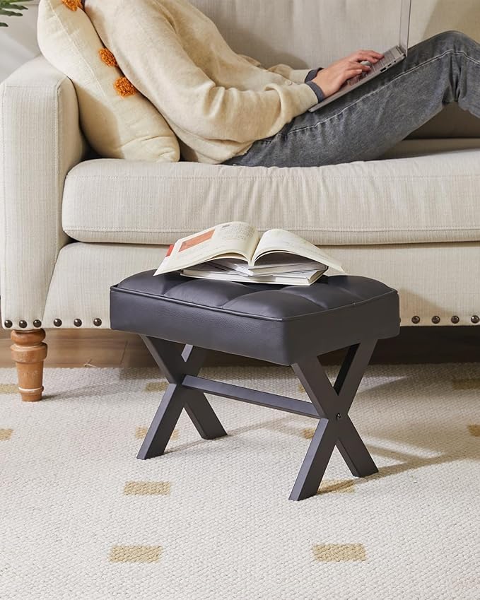 IBUYKE Small 12" H Footrest Stool, Square PU Foot Stool with Metal X-Leg, Multi-Use as Small Side Table, Step Stool for Living Room, Bedroom, Entryway, Office, Black WBD012B