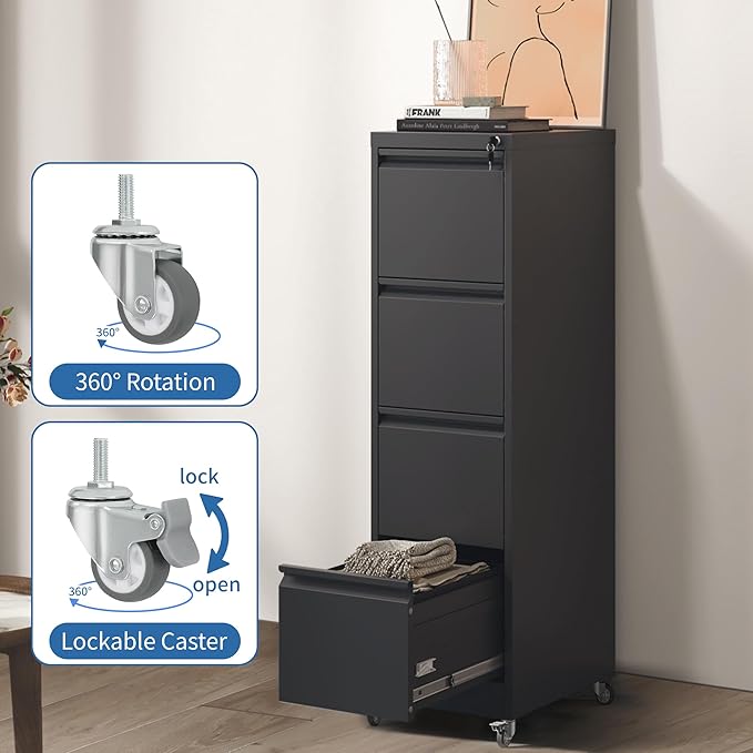 4 Drawer Mobile File Cabinet, Metal Filing Cabinet with Lock and Wheels, Home Office Rolling File Cabinets for Legal/Letter Hanging File Folders, Un-Assembled (Black)