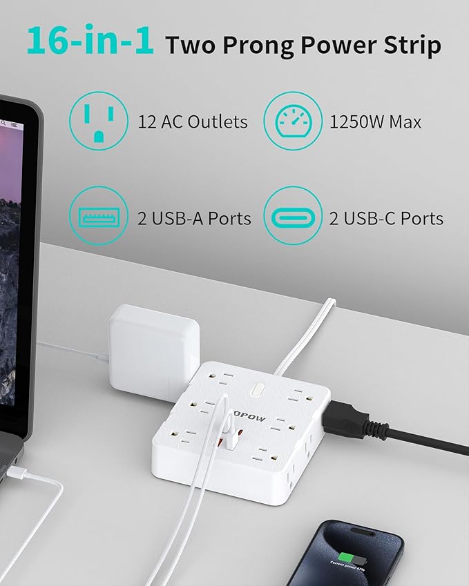 2 Prong Power Strip, 2 Prong to 3 Prong Outlet Adapter with 12 AC & 4 USB(2 USB-C), 1700J Two Prong Surge Protector, 5FT Extension Cord, Wall Mountable, Ideal for Old House Non-Grounded Outlets