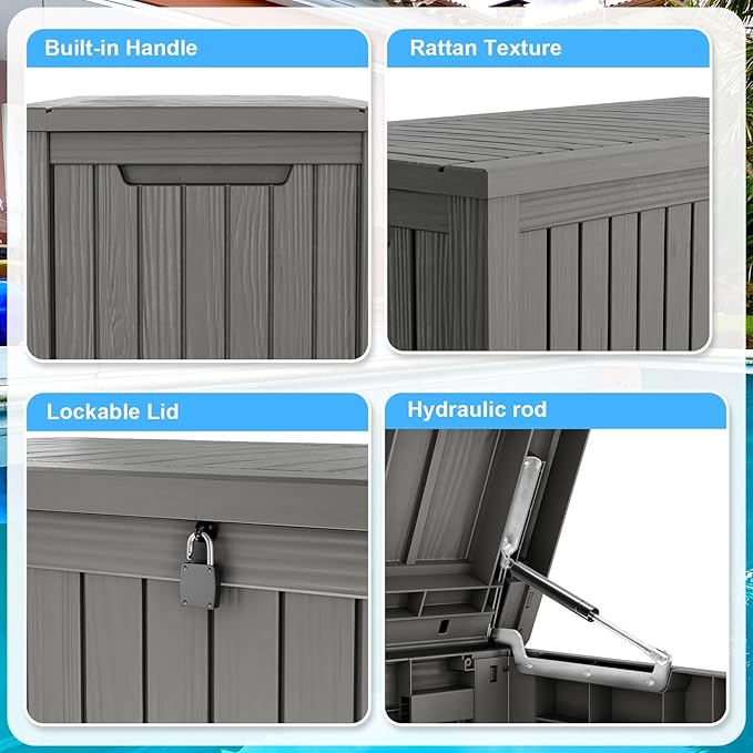 200 Gallon Lockable Resin Deck Box, Waterproof & UV-Resistant Outdoor Storage Box for Outdoor Cushion Storage, Garden Tools & Pool Accessories Storage, Gray