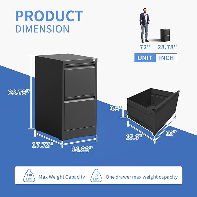 2 Drawer File Cabinet with Lock, Vertical File Cabinet with Lock, Locking File Cabinet Hanging Files for A4/ Legal/Letter,White