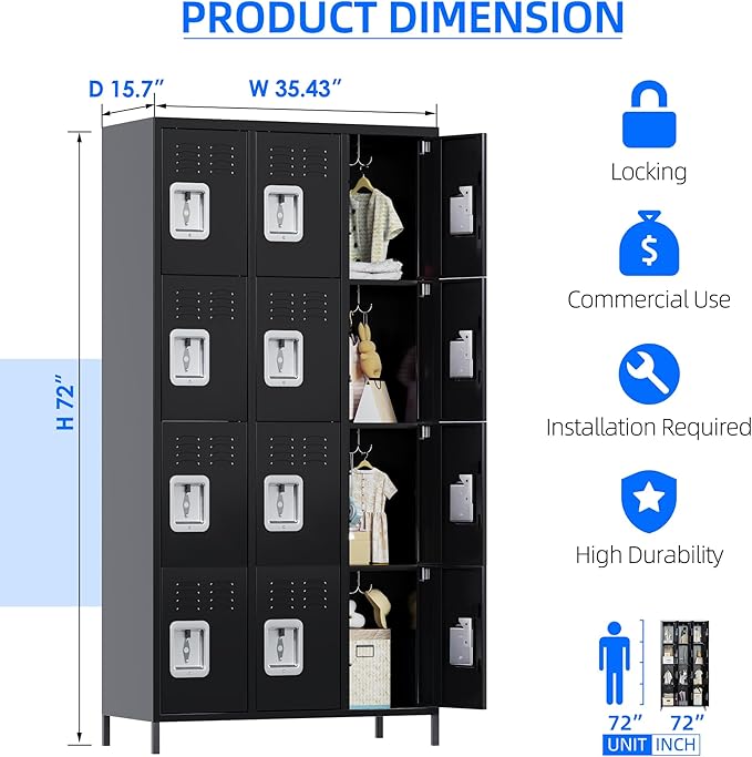 12 Doors Metal Lockers for Employees with Lock, Metal Locker with 12 Hooks for School Garage Office Gym Home,Assembly Required,Black