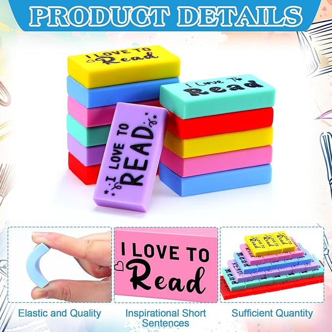 100 Pcs Inspirational Erasers for Kids Back to School Gifts I Love to Read Small Colorful Pencil Erasers for Students Classroom Cute Motivational Gift for Drawing School Office Supplies