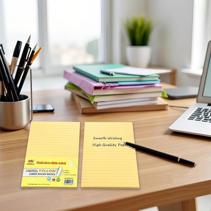 2 Pads Lined Sticky Notes 5 x 8 in, Pastel Yellow, Large Sticky Notes with Lines, Yellow Sticky Note Pads for Home, Office, School, 50 Sheets/Pad, 100 Sheets Total, 4A 5082-Y-L