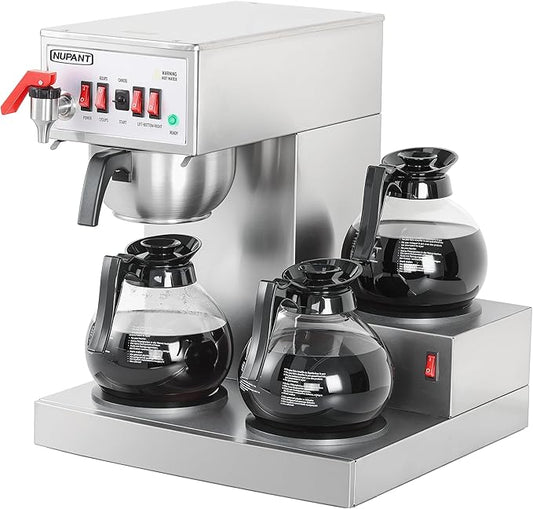 12 Cup Commercial Coffee Maker Auto Filling Drip Coffee Maker Machine with 3 Glass Carafes 3 Warmers Stainless Steel Pour Over Coffee Brewer with Hot Water Dispenser for Restaurant Office Cafe