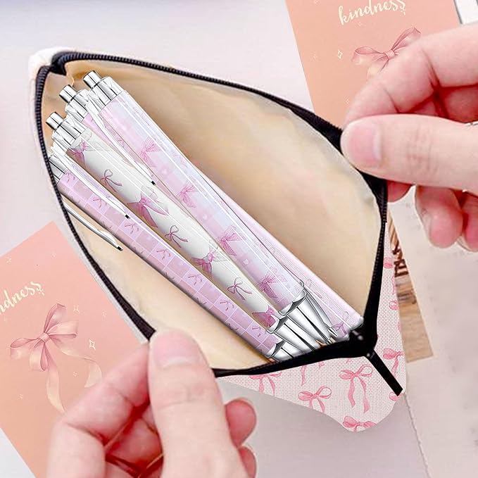 10PCS Pink Bows Ballpoint Pens Coquette Bow Ballpoint Pens Black Gel Ink Coquette Aesthetic Pens sticky notepad for Journaling Office Supplies