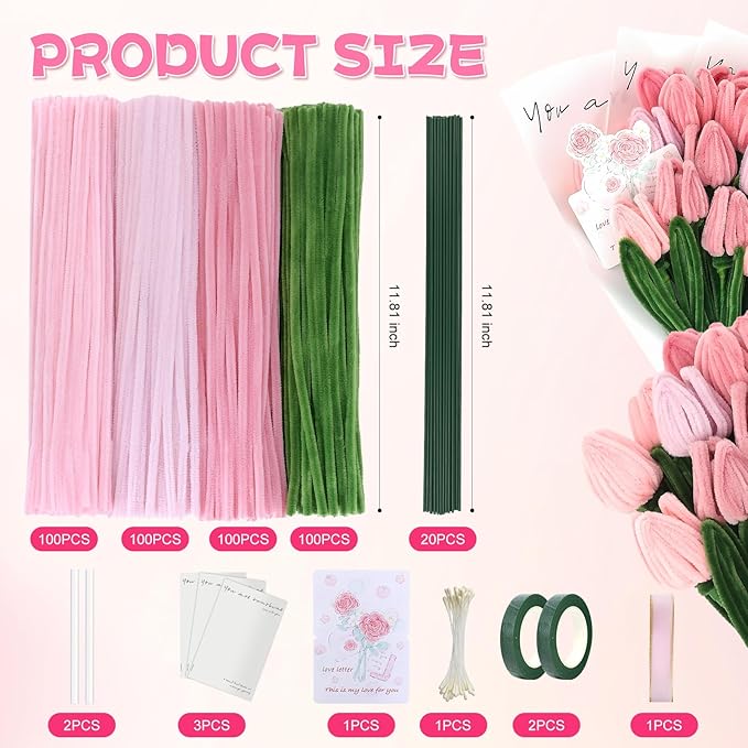 400 Pcs Craft Pipe Cleaners Flowers,4 Colors Chenille Stems Bulk with Floral Wires,Tape,Greeting Card,Bouquet Paper,Hot Glue Stick,Stamen & Ribbon, Holiday Gifts for Women,Men,Teens,Elder