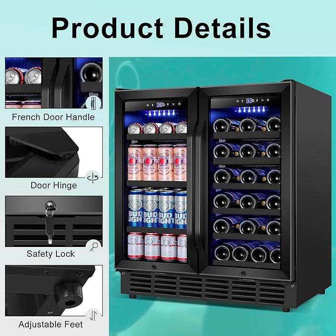 30'' Wine and Beverage Refrigerator, Upgrade Dual Zone Wine Cooler, 30 Inch Wine beverage Fridge Built in or Freestanding Under Counter Large Capacity Glass Door Advanced Cooling System,Black