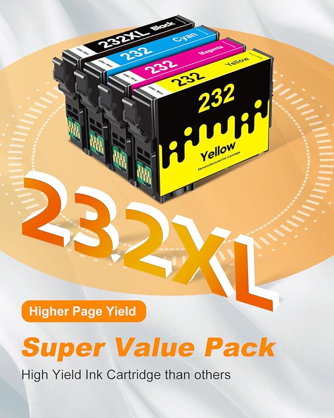232XL Ink Cartridges Combo Pack Remanufactured Replacement for Epson 232 Ink Cartridge for Epson 232 232XL 232 XL T232 to use with Epson XP-4205 XP-4200 Workforce WF-2930 WF-2950 Printer (4 Pack