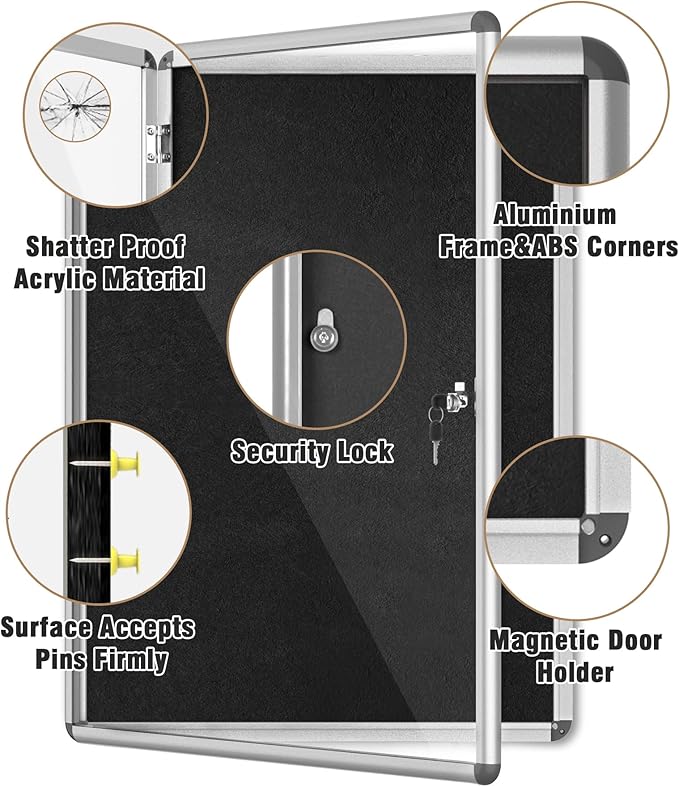 38"x28" Enclosed Bulletin Board, Lockable Weather-Resistant Aluminum Cork Noticeboard for School & Office, Silver Frame w/Black Flet