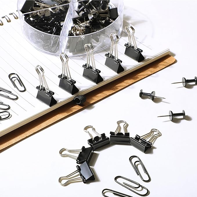 1560 Pcs Paper Clips and Binder Clips Assorted Sizes, Large Medium Small Binder Clip Paperclips Thumb Tacks, College Supplies Home Office Supplies Document Organizing(Black)