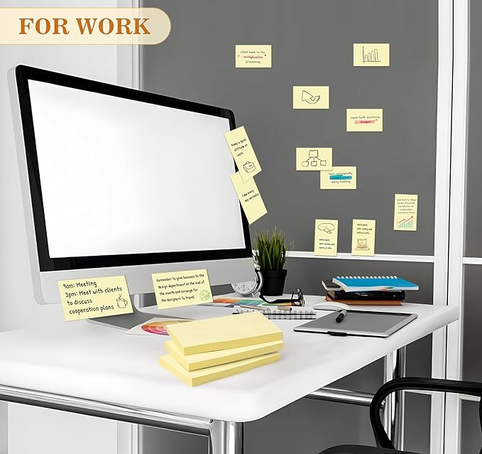 (16 Pack) Large Sticky Notes 3x5 in Yellow, 1600 Pcs Self-Stick Pads, Clean Removal, 100 Sheets/Pad Super Adhesive Sticky Pads Recyclable for Notebook, Meeting, Office, Shool, Home