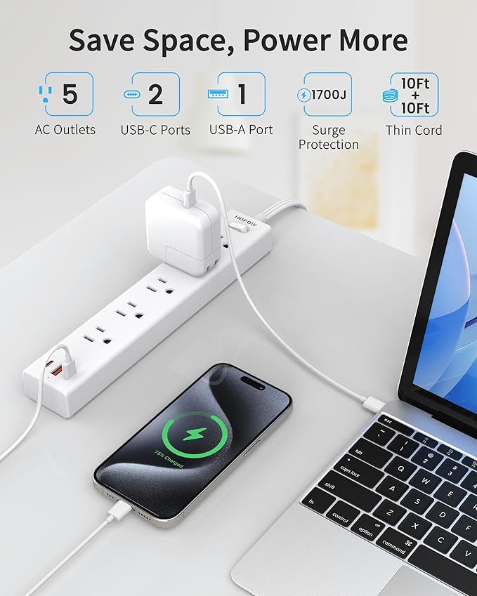 2 Pack Power Strip Surge Protector, 10 Ft Ultra Thin Flat Plug Extension Cord, Surge Protector with 5 Outlets & 3 USB Ports (2 USB C), 1700 Joules, 3-Prong, Wall Mount for Home Office Dorm, White
