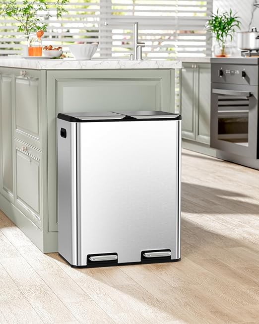 16 Gal (2 x 30 L) Dual Trash Can, Stainless Steel Kitchen Garbage Bin, Recycle Dustbin with Odor Control Box, Soft-Close Lid, Inner Buckets, Side Handle, Step Pedal, for Home Office