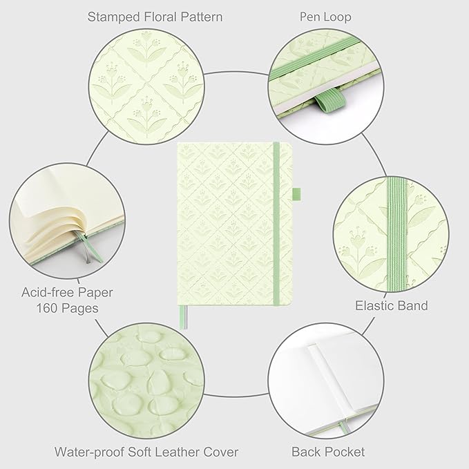 &And Per Se Dotted Journal Notebook for Women&Men with Pattern, A5 Leather Hardcover, 160 Pages 100GSM Thick Dotted Paper, 3 Sheets of Stickers Included(Light Green)