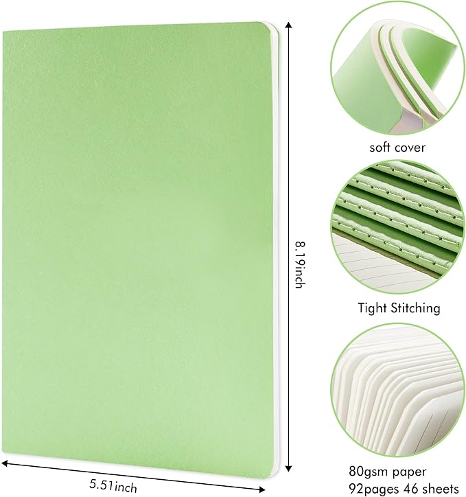 36 Pack Soft Cover Journal Bulk, Feela Lined Blank Travel Journal for Women Men Writing, Notebooks College Ruled for Work, Note Taking Notebook School Business Supplies, 8.2” x 5.5”, A5, Light Green