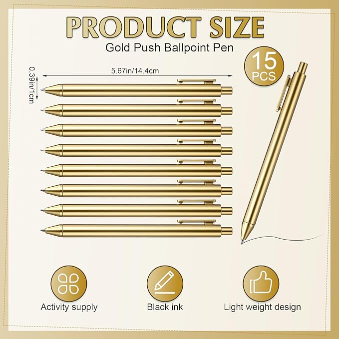 15 Pcs 30 Pcs Gold Slim Ballpoint Pens Bulk Golden Retractable Black Ink Medium Point (0.5mm) Smooth Metallic Color Writing Ballpoint Pens for Wedding Bridal Shower Business Office (Classic Style)
