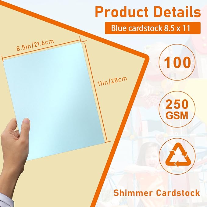 100 Sheets Light Blue Shimmer Cardstock 8.5 x 11 Craft Paper, 92lb Heavyweight Certificate Paper Card Stock for Wedding Invitations, Graduations, Greeting Cards, Making Cards, Office Printing