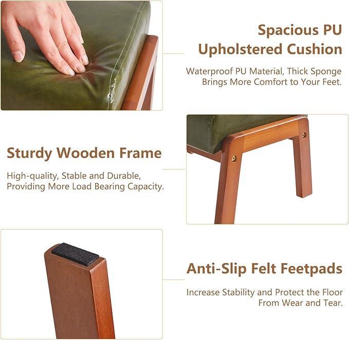 IBUYKE 10.2” H Small Foot Stool Ottoman, Rectangle PU Faux Leather Foot Rest with Padded Seat and Wood Legs, Modern Accent Ottoman Foot Rest for Living Room Bedroom Couch Office, Dark Green WBD013GR