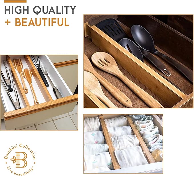 4 Pack Drawer Dividers Bamboo 2.6" High, 16-22" Adjustable Drawer Organizers for Clothes, Expandable Dresser Separators in Bedroom/Bathroom/Kitchen/Office Organization and Storage (Natural)