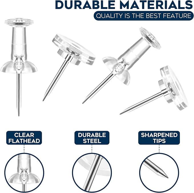 150 Pack Assorted Clear Push Pins by Luxurecourt for Bulletin Board, Wall Hanging, Cork Board, Shadow Box Display - Includes Flat Head Thumbtacks & Standard Pushpins in Plastic Resuable Storage Box.