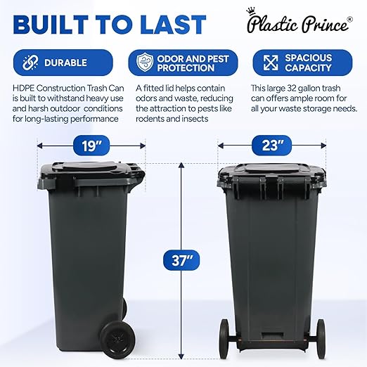 32 Gallon Step-On Large Outdoor Trash Can with Lid and Wheels - Outside Plastic Rolling Garbage Can - Rollout Commercial Heavy-Duty Container Barrel, Gray 2 Pack