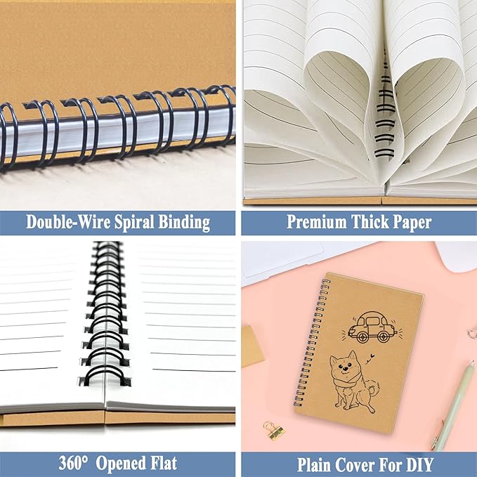 12Pack Small Spiral Notebook A5, 8.25x5.5” 120 Lined Pages Brown Wide Ruled Spiral Journal Bulk Blank Kraft Cover Spiral Bound Notebook & Writing Pads for Home Office Meeting Work Note Taking