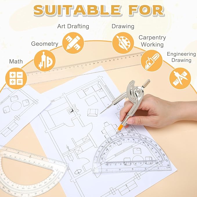 4 Pack Geometry Tool Set, Math Compass for Geometry and 6 Inch Protractor Set Include Metal Compass with Pencil and Clear Plastic Protractor for Student Classroom Office Woodworking Art Drawing